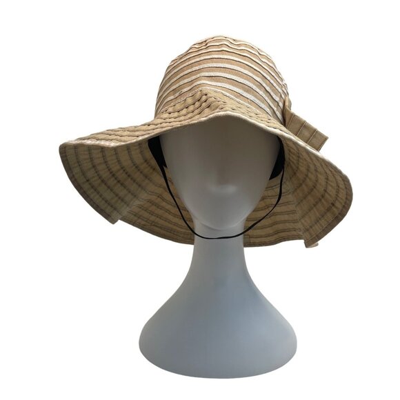 Wide Brim Beige Striped Sun Hat With Bow Accent For Women - One Size - Picture 1 of 7
